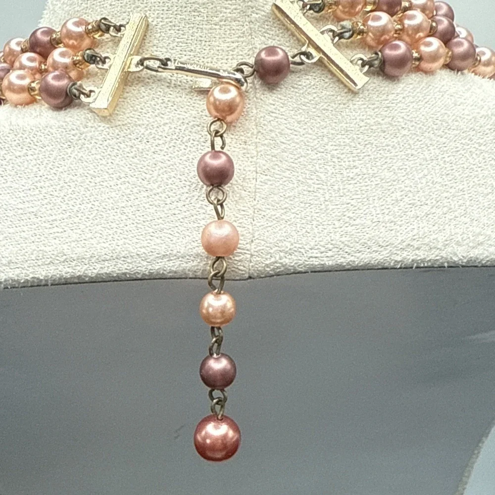 Vintage Japan Triple Strand Faux Pearl Necklace Peach Brown Orange 17-19 inches
